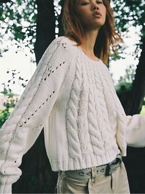 Free People Chunky Cable Knit Sandre Pullover Sweater Ivory XL Preppy Classic